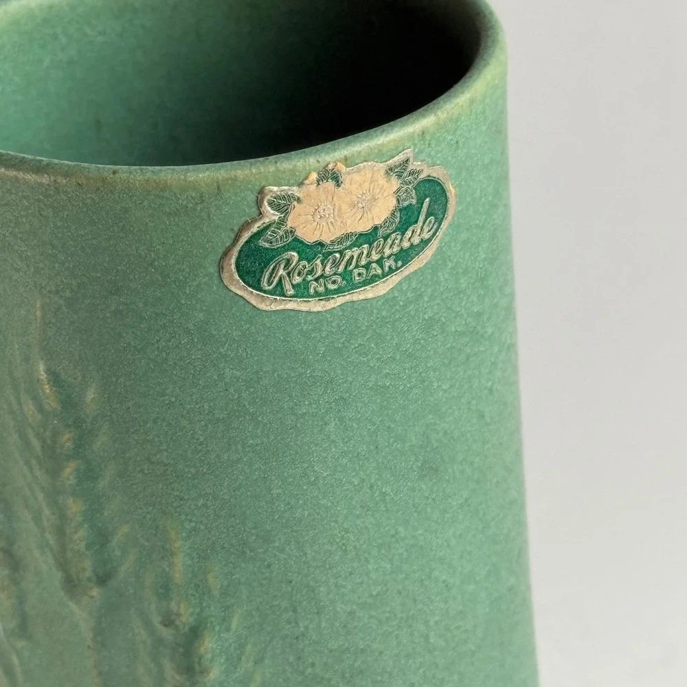 Rosemeade Pottery Wheat Motif Vase Shaded Green North Dakota ND Vintage 5.5in